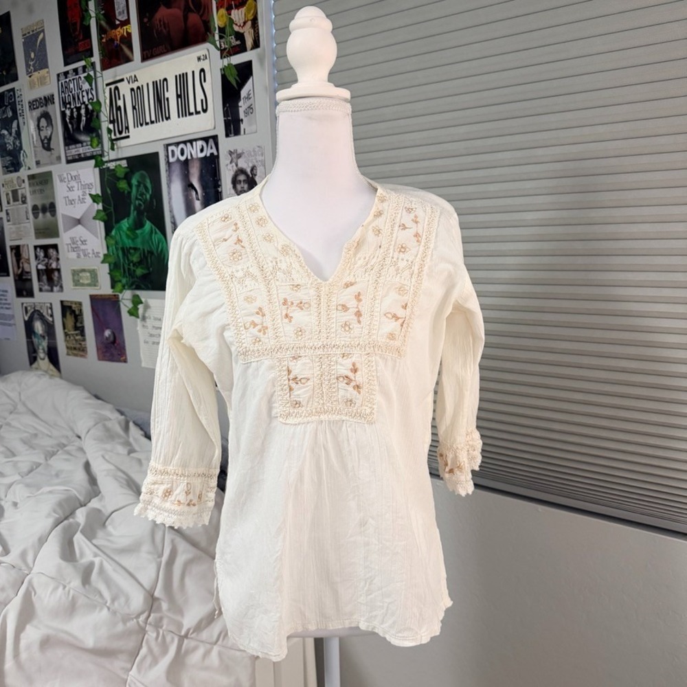 Boho Embroidered Peasant‎ Blouse Cream Cotton Gauze Top Cottagecore